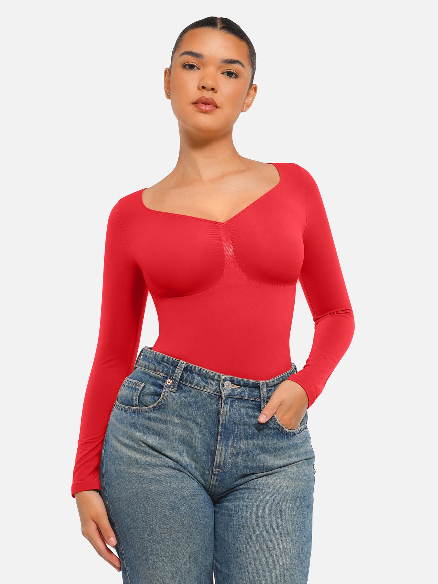 Feelingirl Body Gainant Sans Couture à Manches Longues avec Contrôle du Ventre et Culotte Tanga