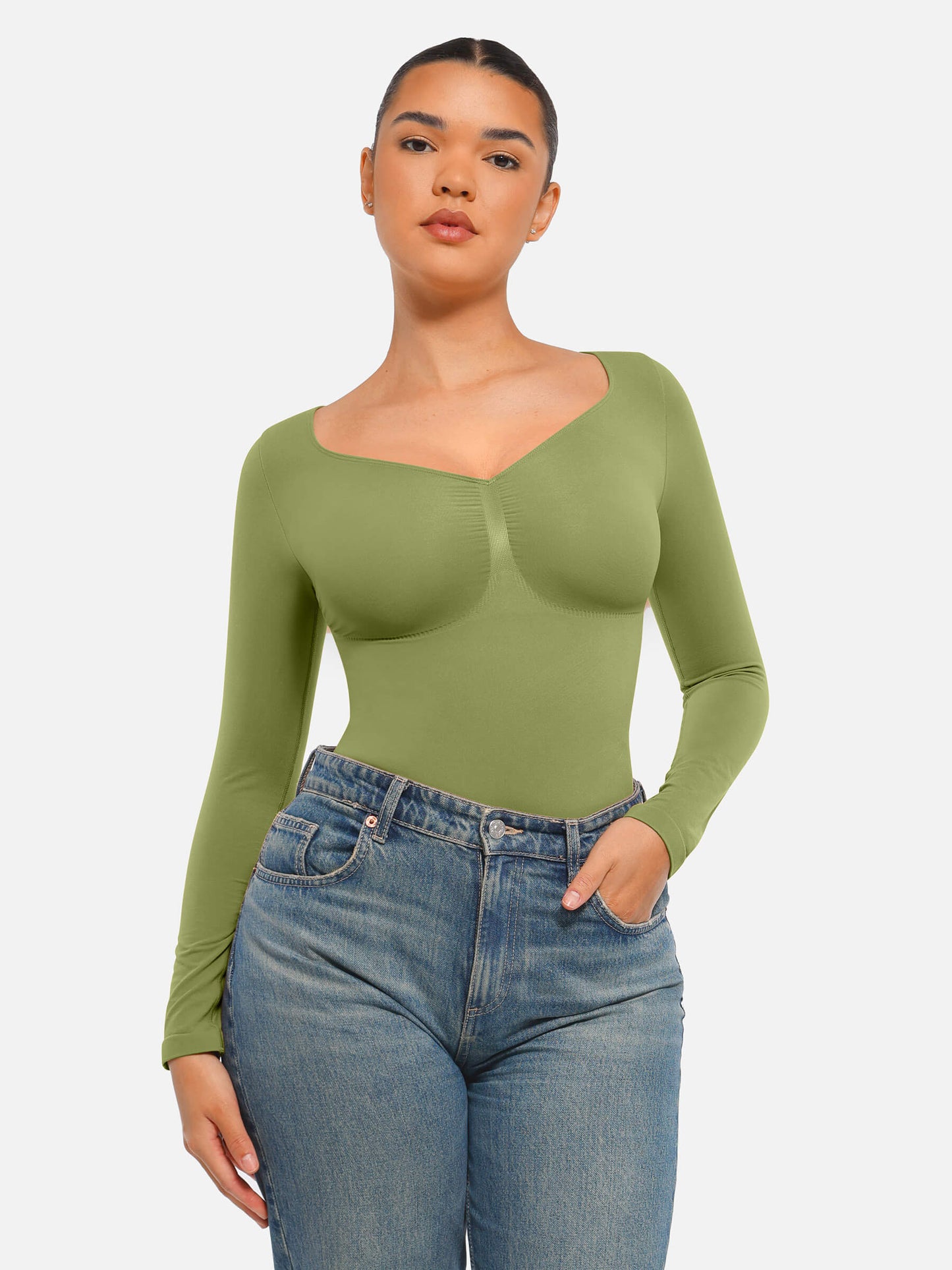 Feelingirl Body Gainant Sans Couture à Manches Longues avec Contrôle du Ventre et Culotte Tanga