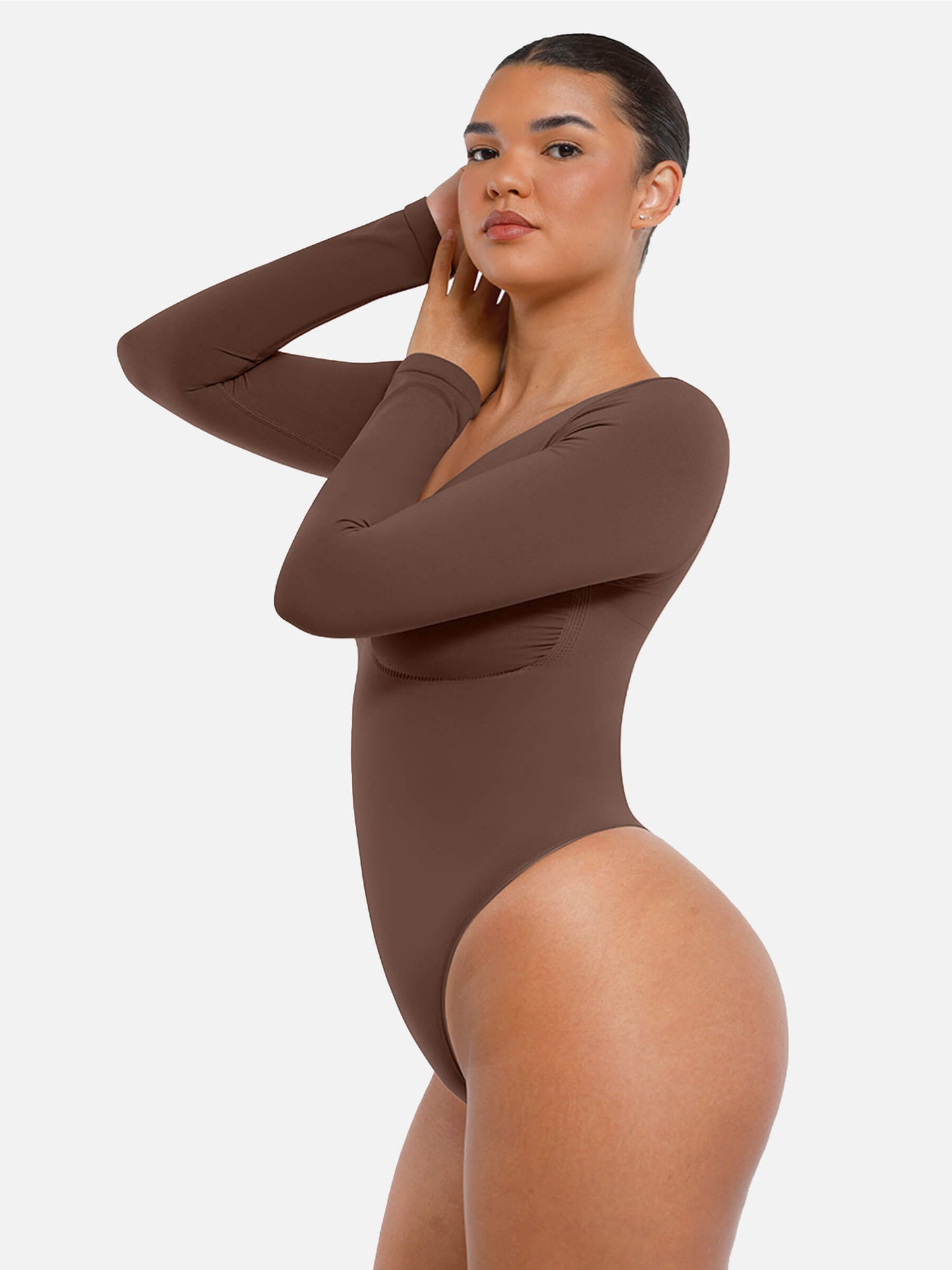 Feelingirl Body Gainant Sans Couture à Manches Longues avec Contrôle du Ventre et Culotte Tanga