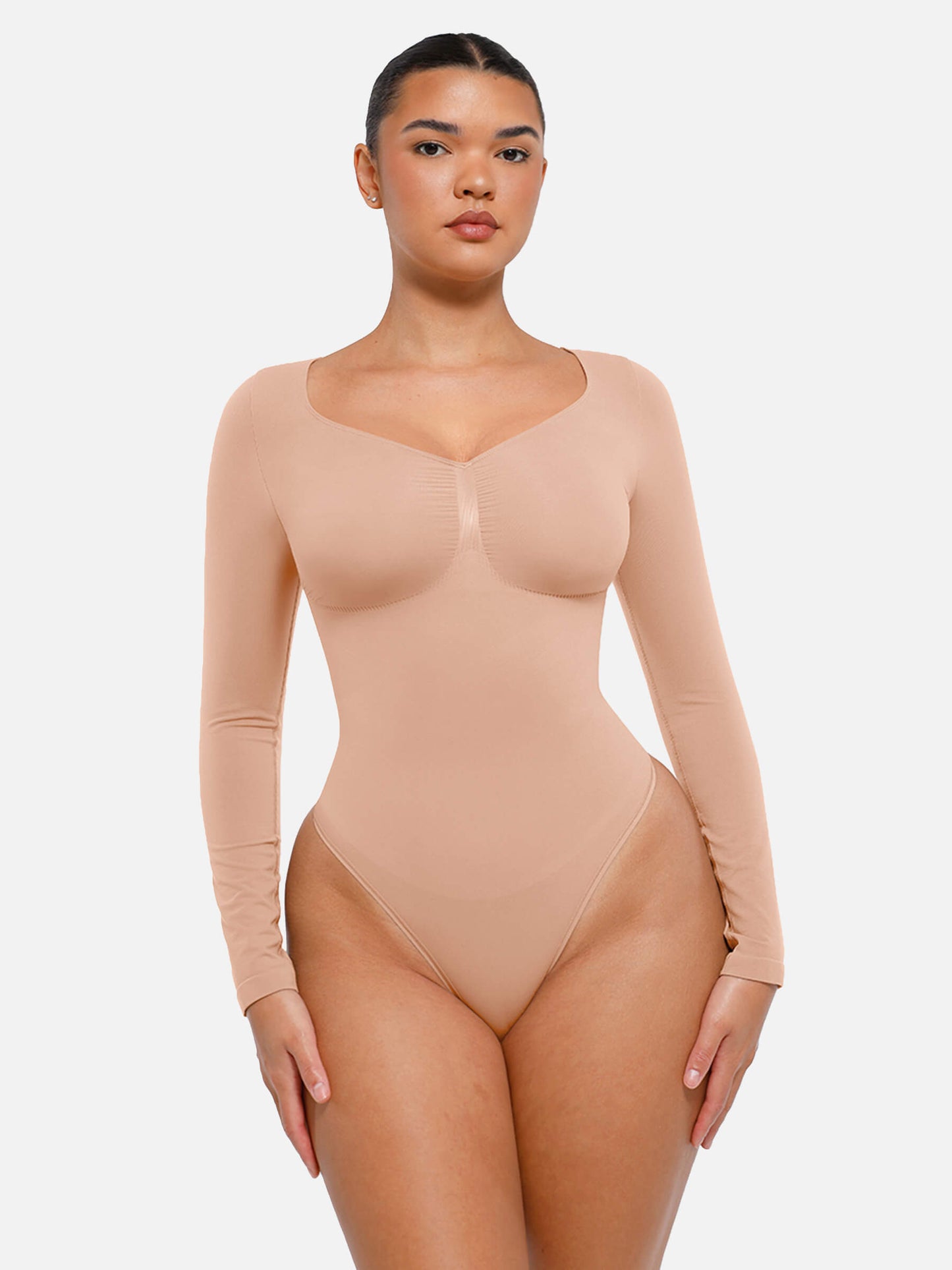 Feelingirl Body Gainant Sans Couture à Manches Longues avec Contrôle du Ventre et Culotte Tanga