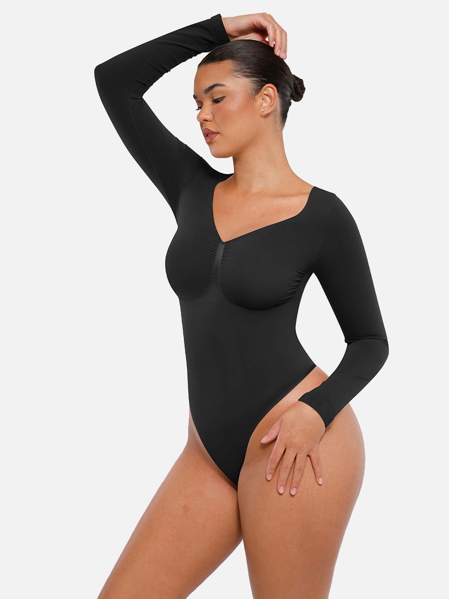 Feelingirl Body Gainant Sans Couture à Manches Longues avec Contrôle du Ventre et Culotte Tanga