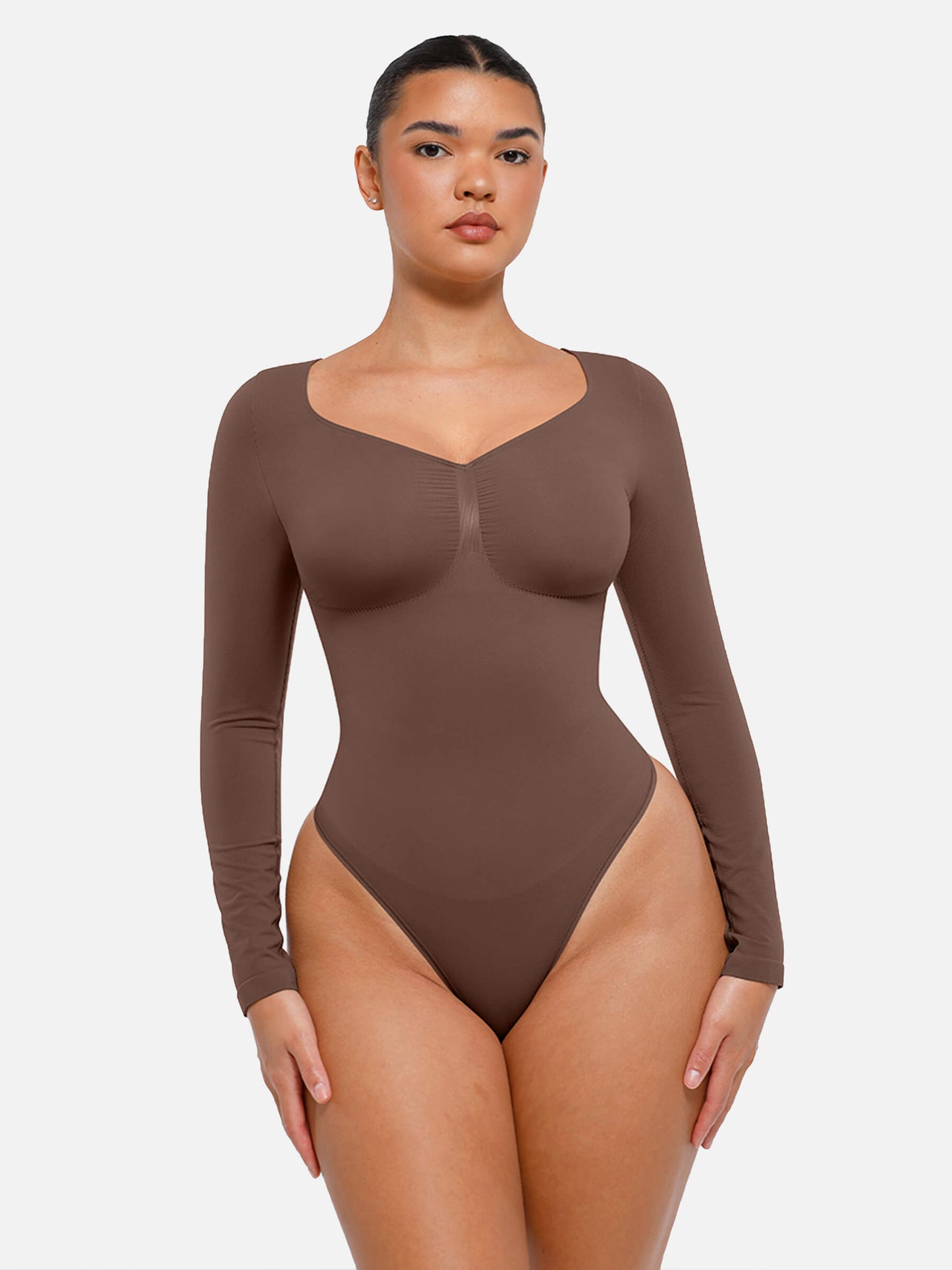 Feelingirl Body Gainant Sans Couture à Manches Longues avec Contrôle du Ventre et Culotte Tanga