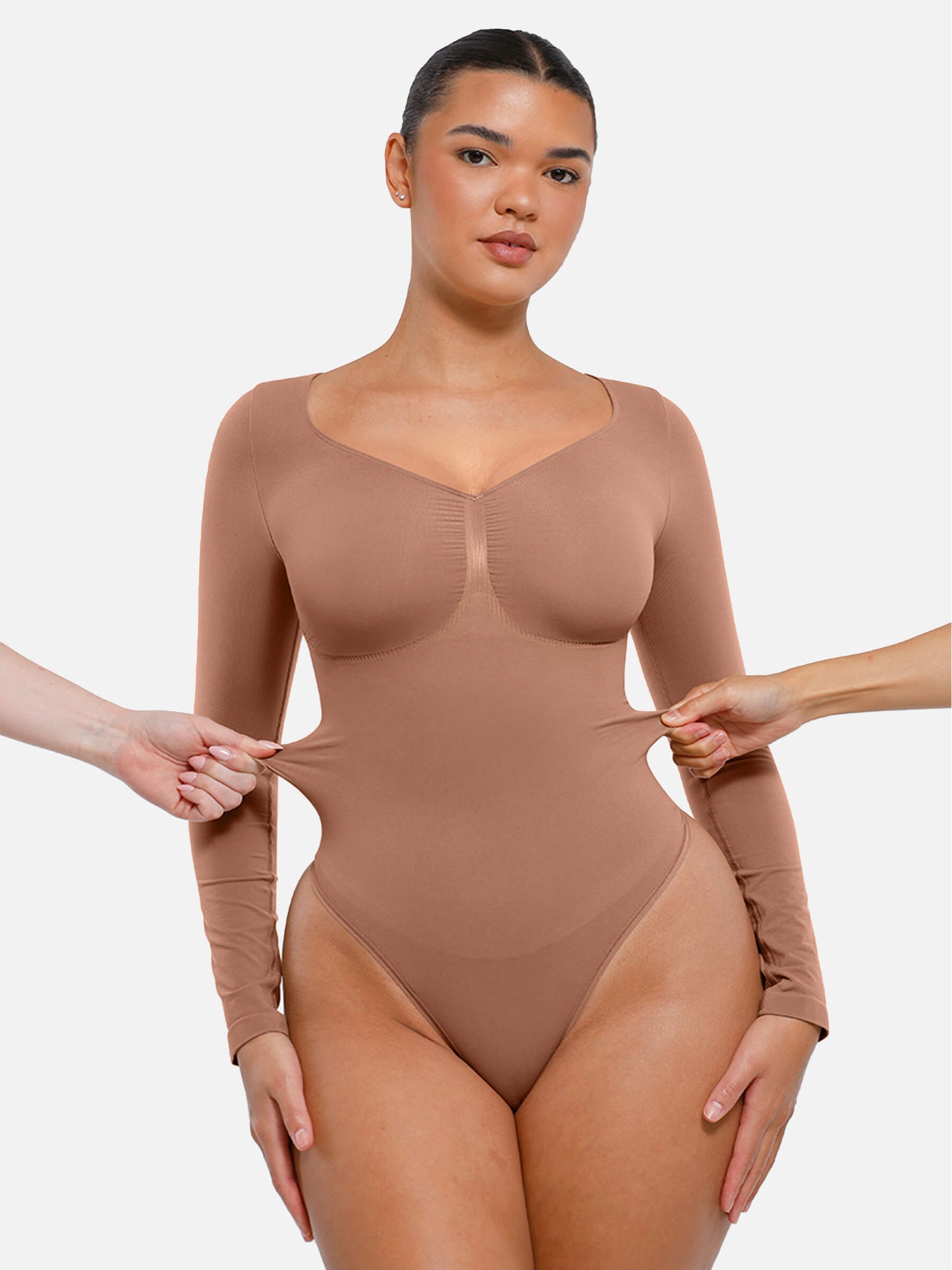 Feelingirl Body Gainant Sans Couture à Manches Longues avec Contrôle du Ventre et Culotte Tanga