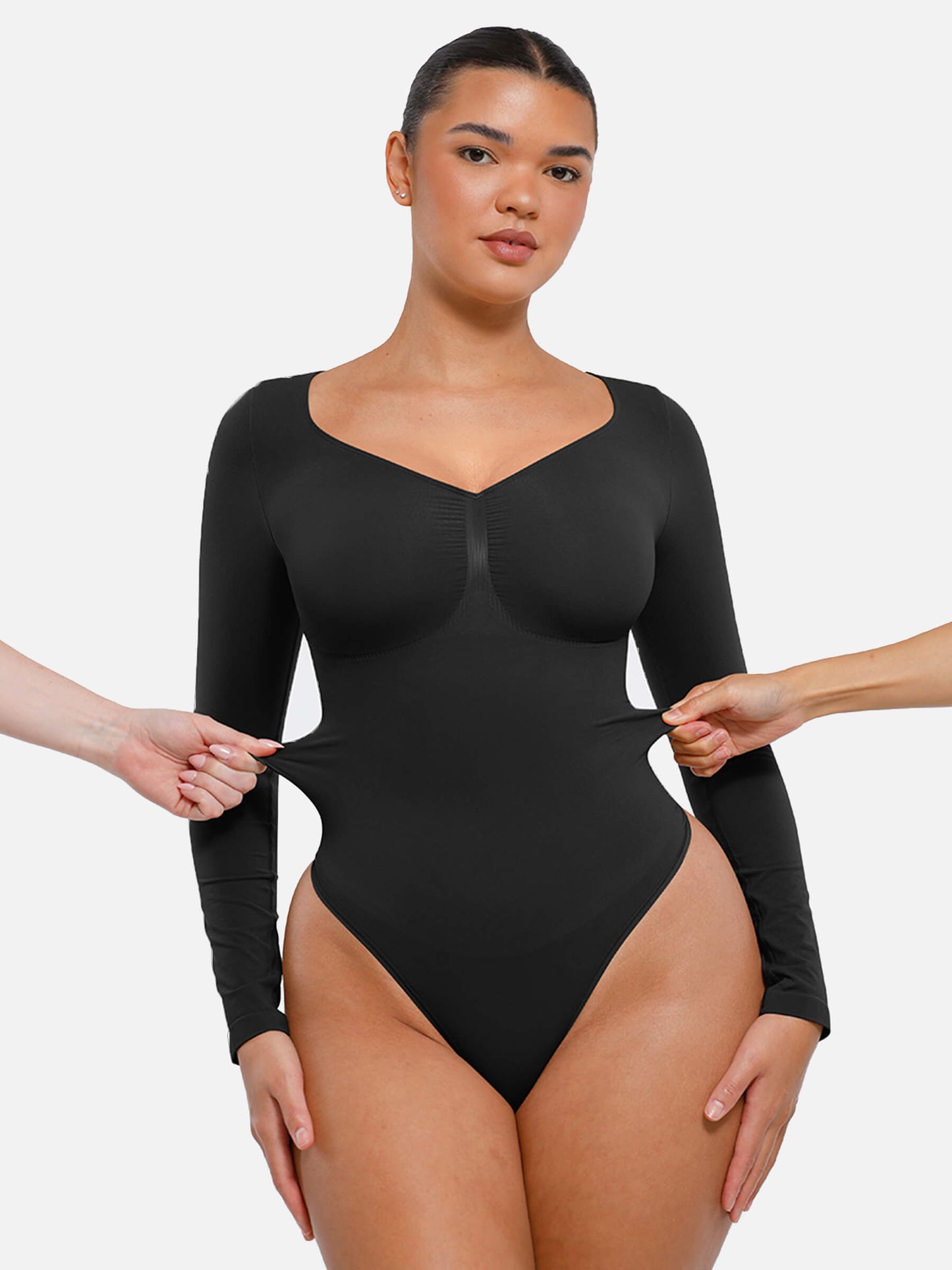 Feelingirl Body Gainant Sans Couture à Manches Longues avec Contrôle du Ventre et Culotte Tanga