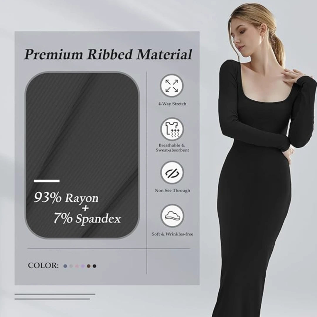 Robe Maxi Sculptante à Manches Longues et Col Carré