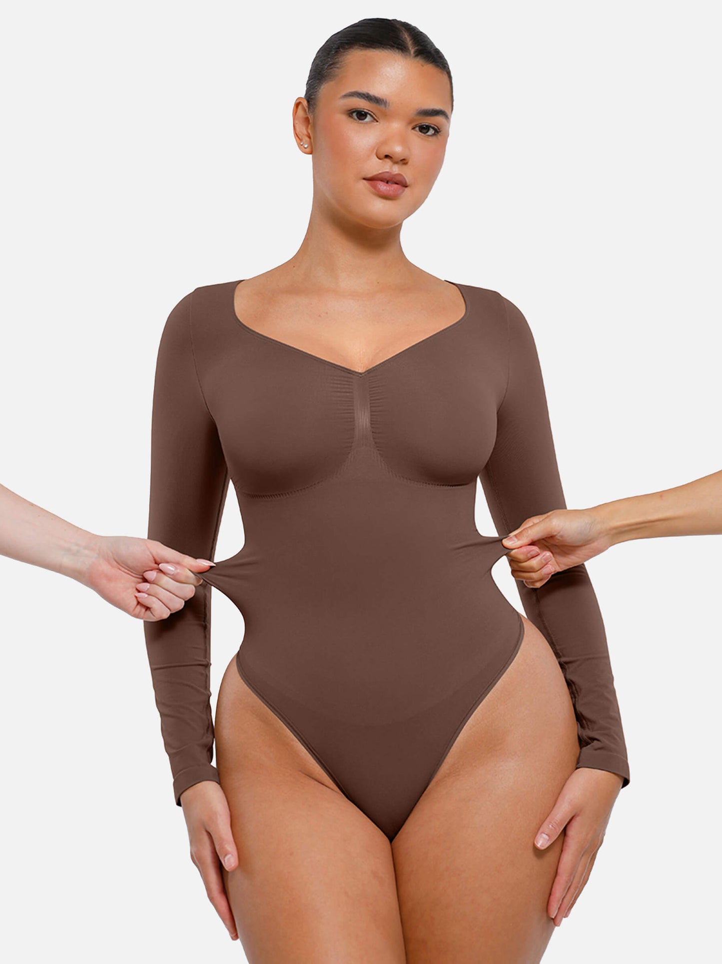 Feelingirl Body Gainant Sans Couture à Manches Longues avec Contrôle du Ventre et Culotte Tanga
