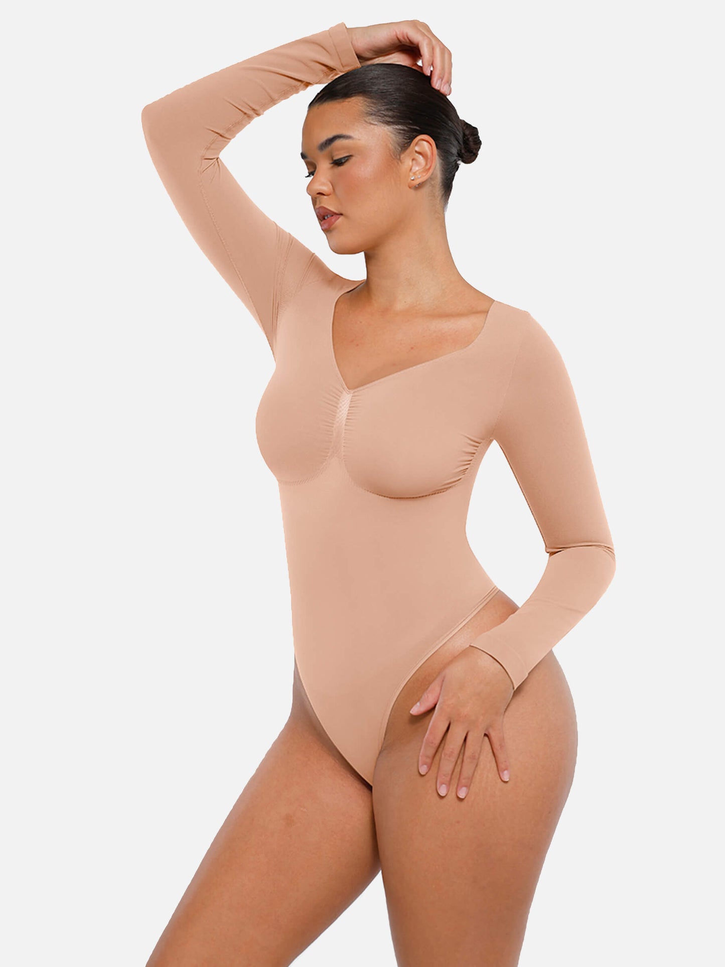 Feelingirl Body Gainant Sans Couture à Manches Longues avec Contrôle du Ventre et Culotte Tanga