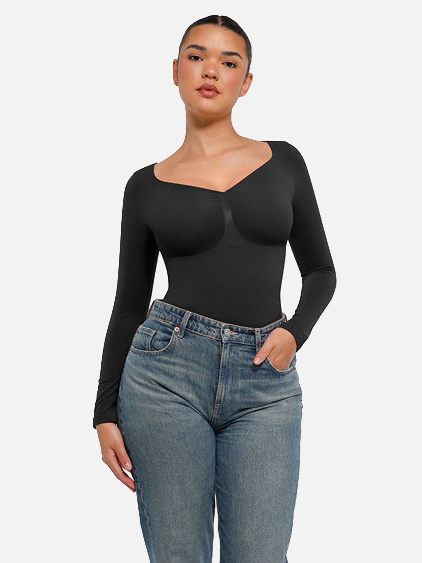 Feelingirl Body Gainant Sans Couture à Manches Longues avec Contrôle du Ventre et Culotte Tanga