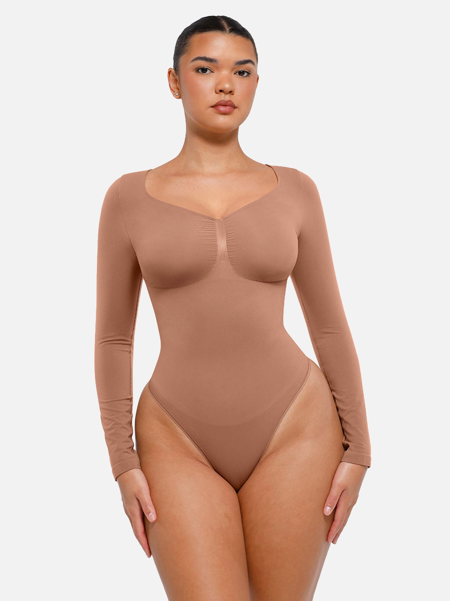 Feelingirl Body Gainant Sans Couture à Manches Longues avec Contrôle du Ventre et Culotte Tanga