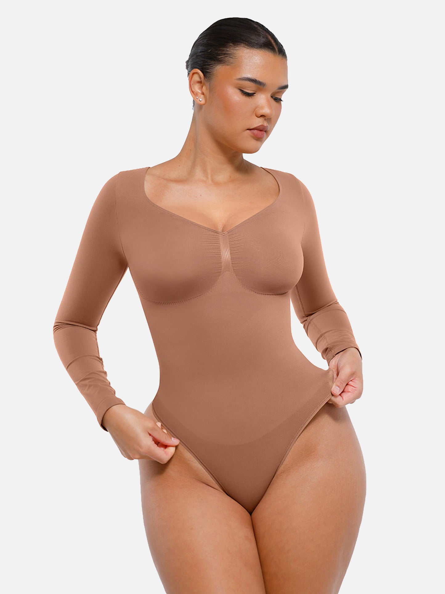 Feelingirl Body Gainant Sans Couture à Manches Longues avec Contrôle du Ventre et Culotte Tanga
