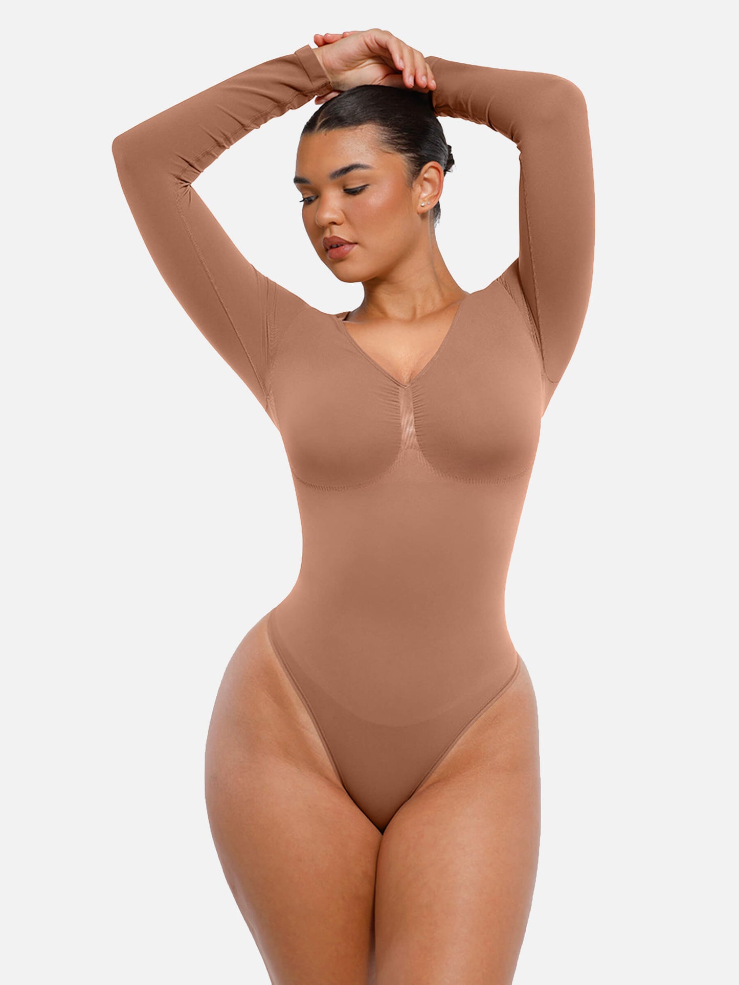Feelingirl Body Gainant Sans Couture à Manches Longues avec Contrôle du Ventre et Culotte Tanga