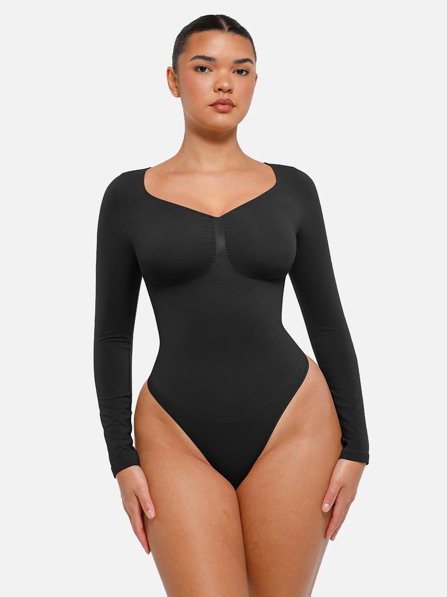 Feelingirl Body Gainant Sans Couture à Manches Longues avec Contrôle du Ventre et Culotte Tanga