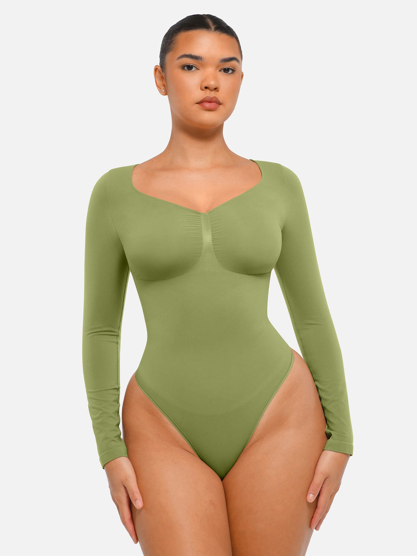 Feelingirl Body Gainant Sans Couture à Manches Longues avec Contrôle du Ventre et Culotte Tanga