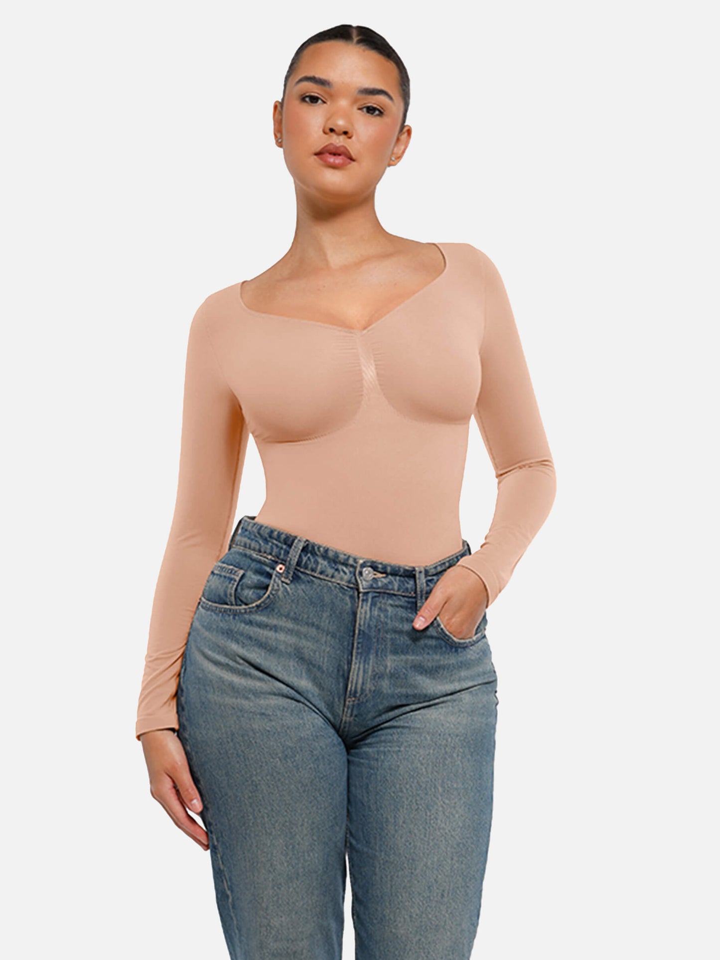 Feelingirl Body Gainant Sans Couture à Manches Longues avec Contrôle du Ventre et Culotte Tanga