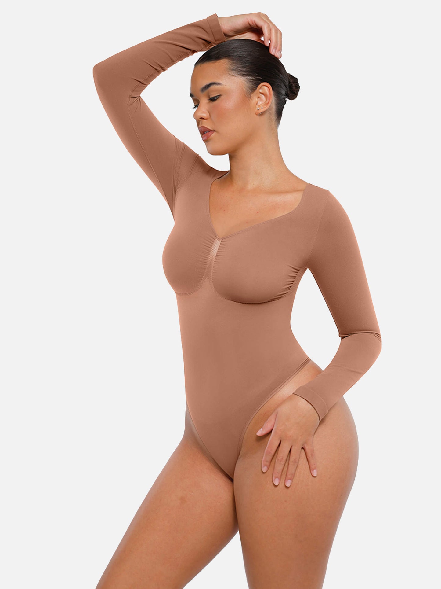 Feelingirl Body Gainant Sans Couture à Manches Longues avec Contrôle du Ventre et Culotte Tanga