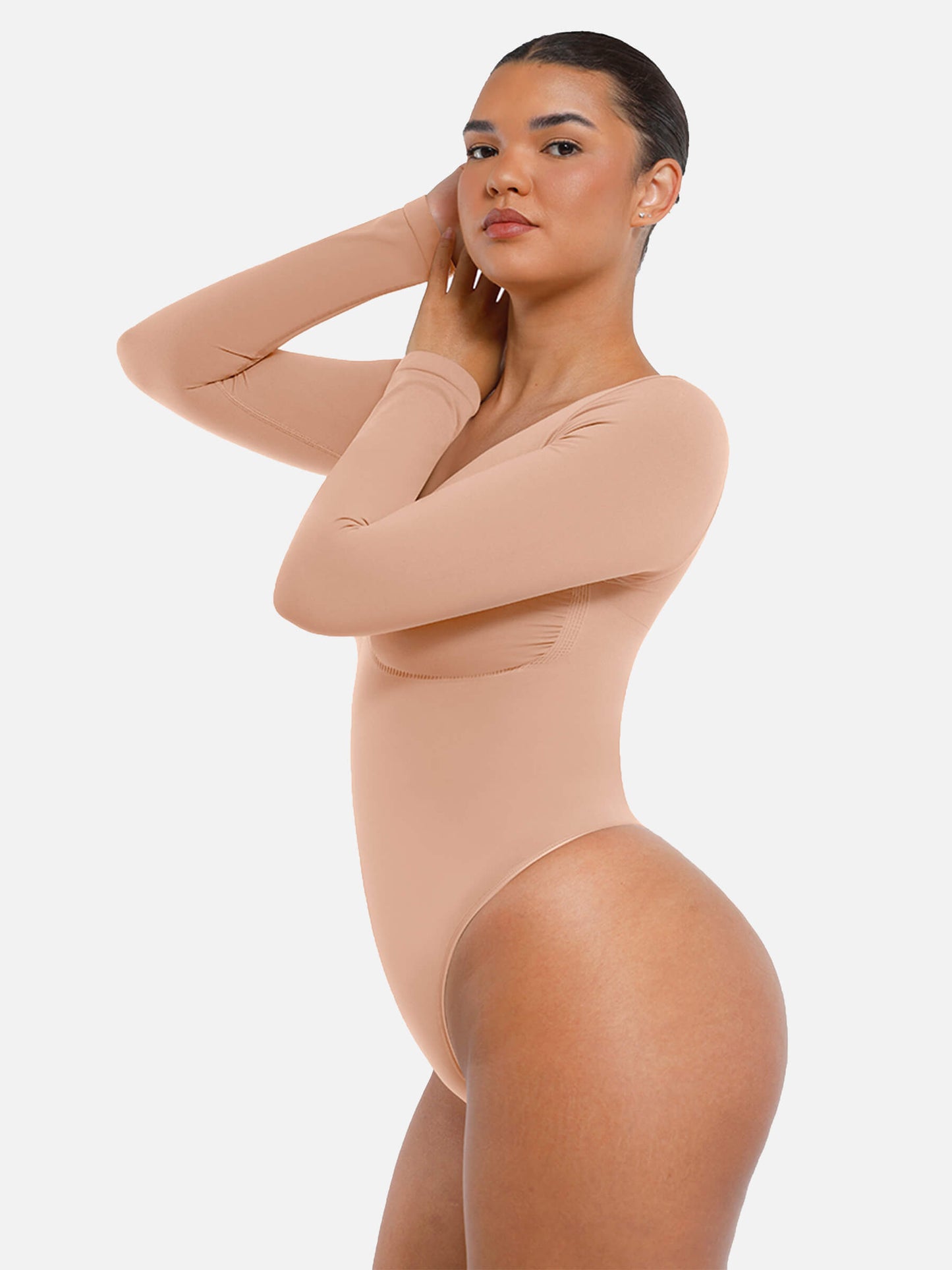 Feelingirl Body Gainant Sans Couture à Manches Longues avec Contrôle du Ventre et Culotte Tanga