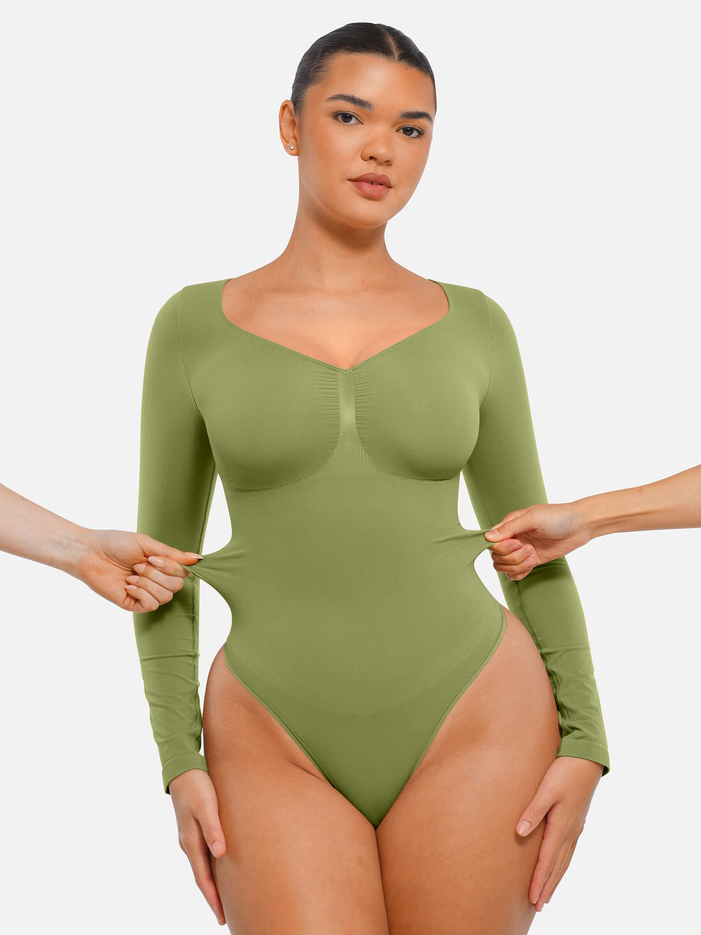 Feelingirl Body Gainant Sans Couture à Manches Longues avec Contrôle du Ventre et Culotte Tanga