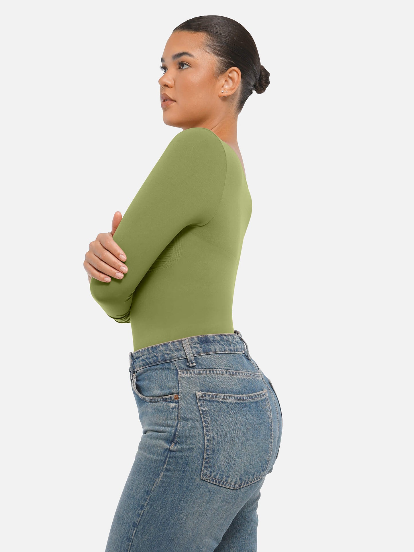 Feelingirl Body Gainant Sans Couture à Manches Longues avec Contrôle du Ventre et Culotte Tanga