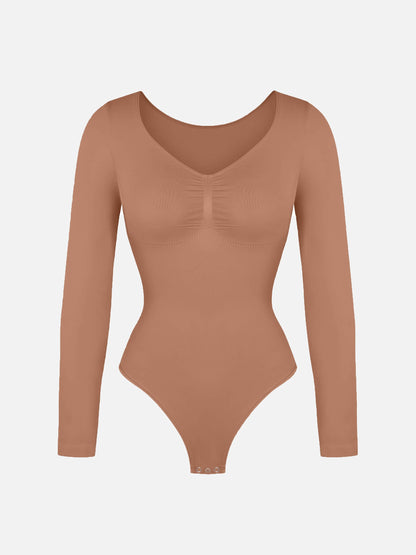 Feelingirl Body Gainant Sans Couture à Manches Longues avec Contrôle du Ventre et Culotte Tanga