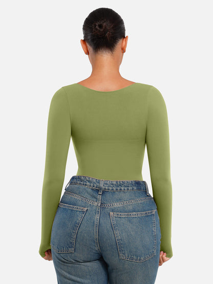 Feelingirl Body Gainant Sans Couture à Manches Longues avec Contrôle du Ventre et Culotte Tanga