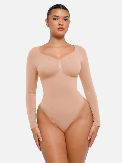 Feelingirl Body Gainant Sans Couture à Manches Longues avec Contrôle du Ventre et Culotte Tanga