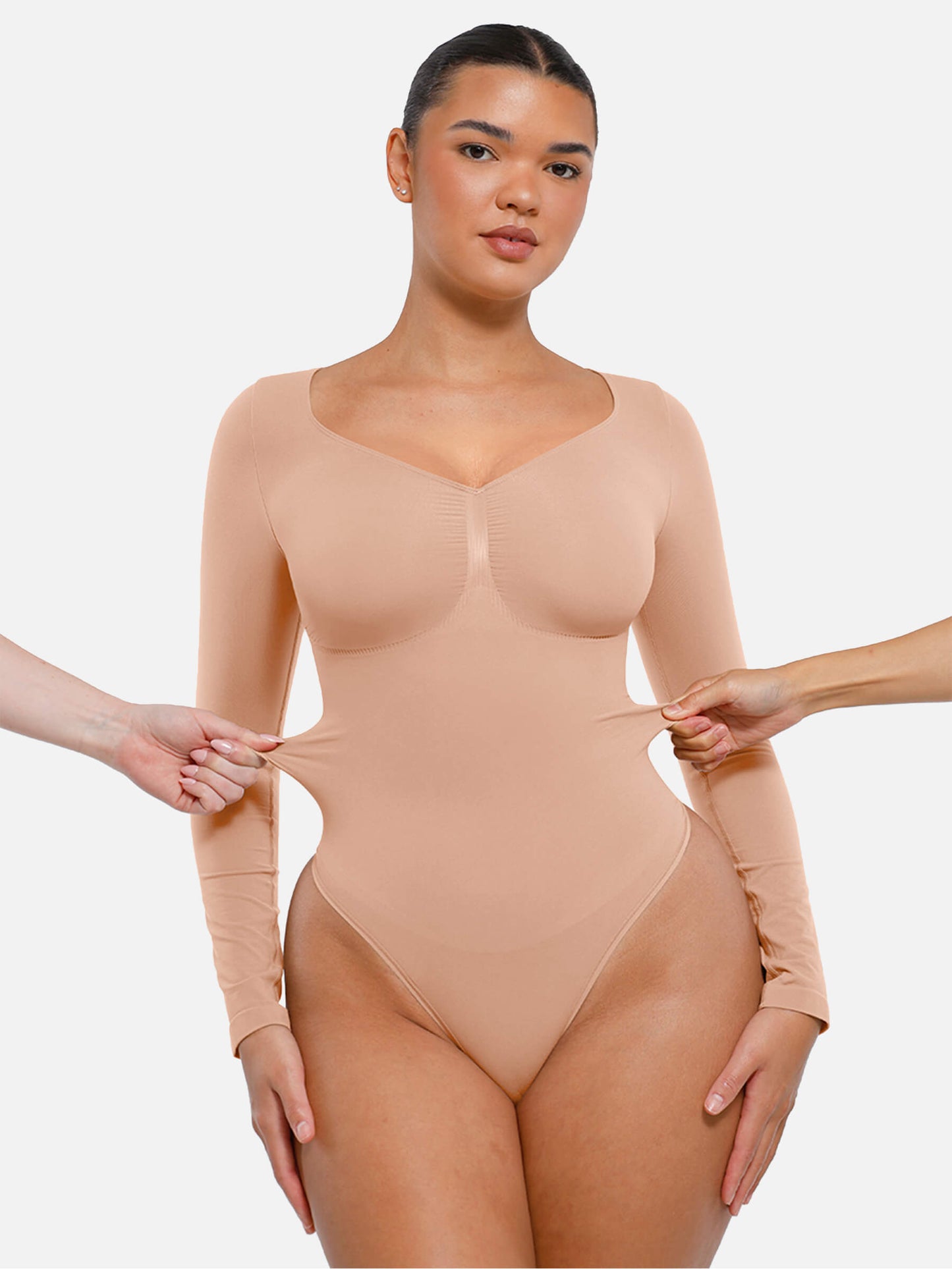 Feelingirl Body Gainant Sans Couture à Manches Longues avec Contrôle du Ventre et Culotte Tanga