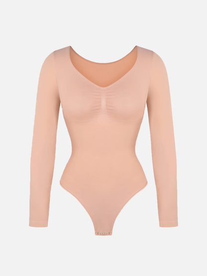 Feelingirl Body Gainant Sans Couture à Manches Longues avec Contrôle du Ventre et Culotte Tanga