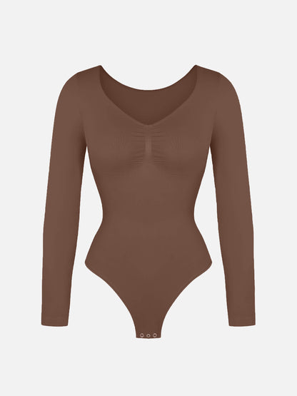 Feelingirl Body Gainant Sans Couture à Manches Longues avec Contrôle du Ventre et Culotte Tanga