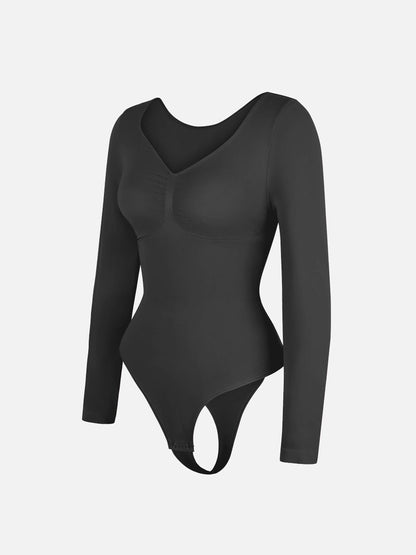 Feelingirl Body Gainant Sans Couture à Manches Longues avec Contrôle du Ventre et Culotte Tanga
