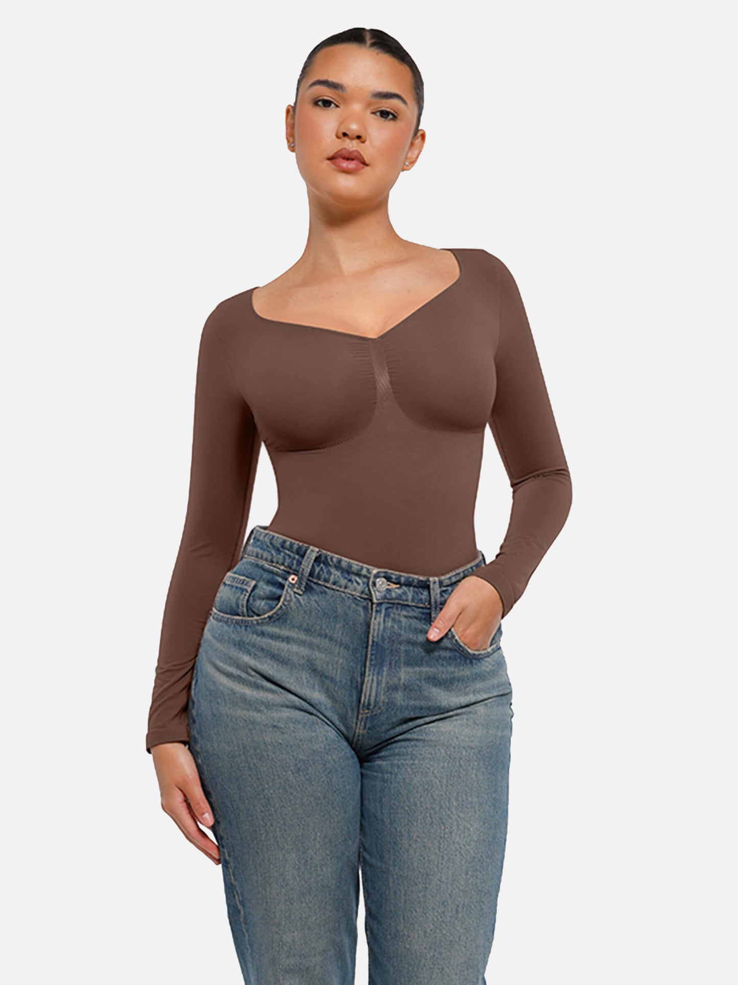 Feelingirl Body Gainant Sans Couture à Manches Longues avec Contrôle du Ventre et Culotte Tanga