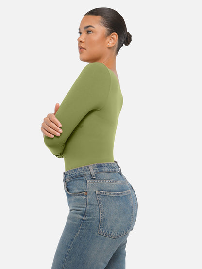 Feelingirl Body Gainant Sans Couture à Manches Longues avec Contrôle du Ventre et Culotte Tanga